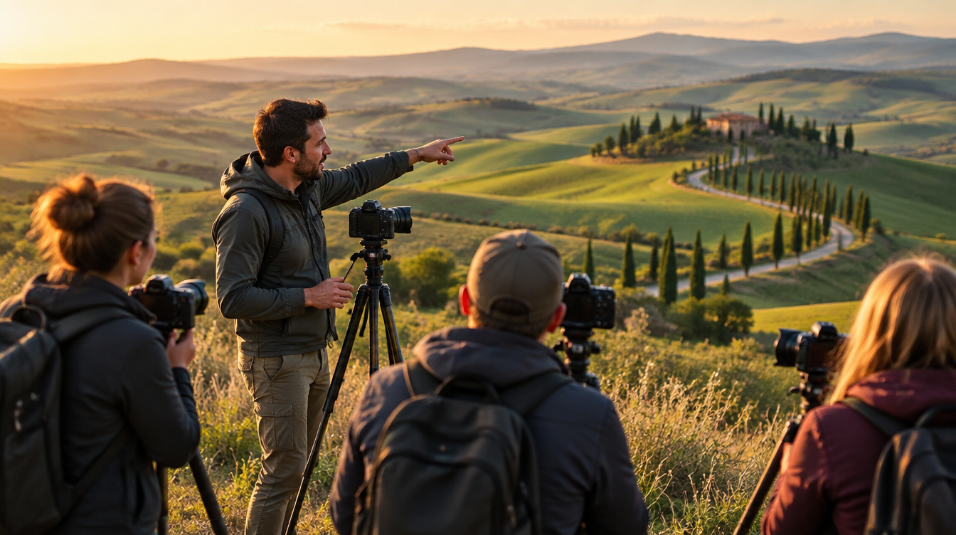 A photography tour guide pointing out a composition to a small group at golden hour on a hilltop overlooking Val d'Orcia