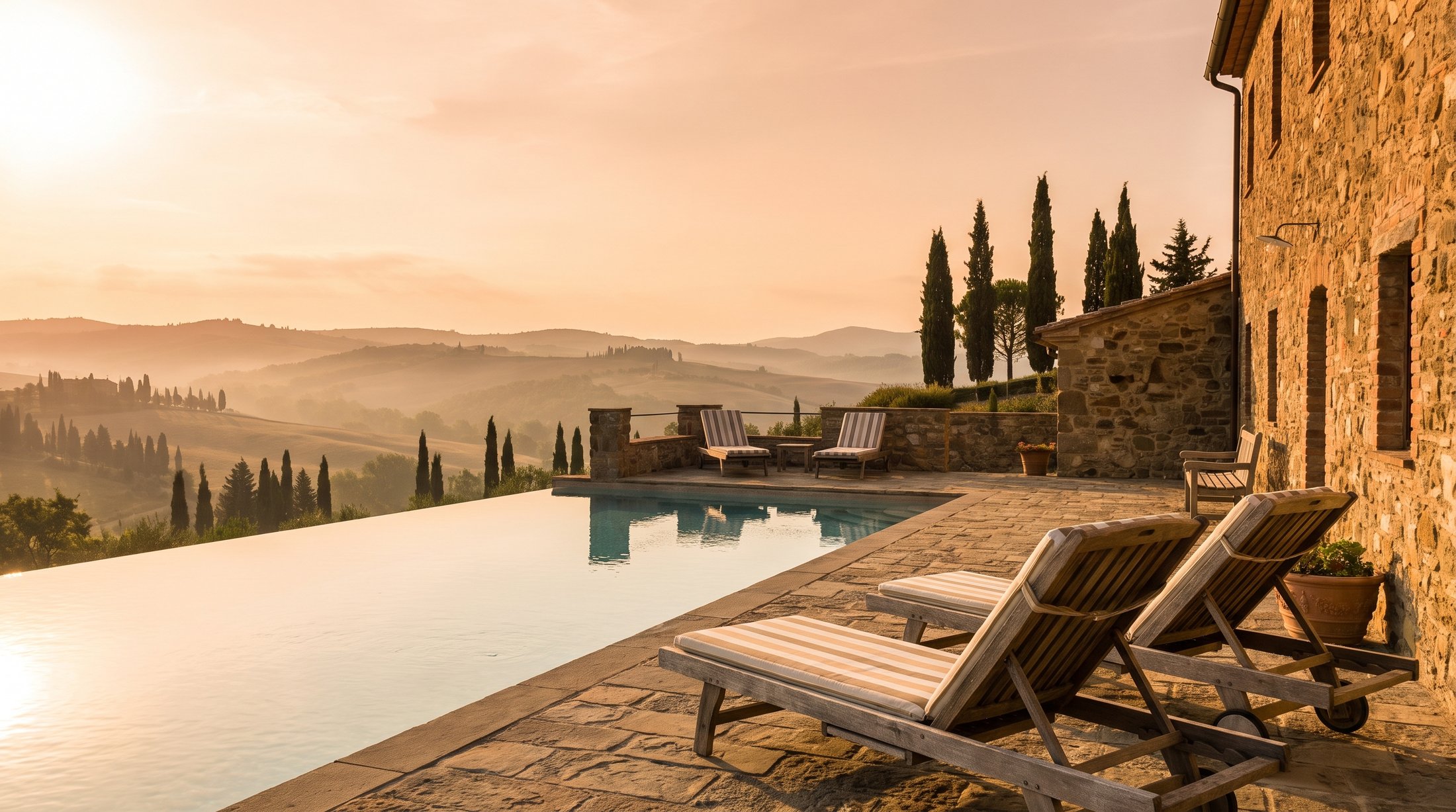 A stone Tuscan villa terrace with a swimming pool overlooking the rolling hills of Val d'Orcia at golden hour