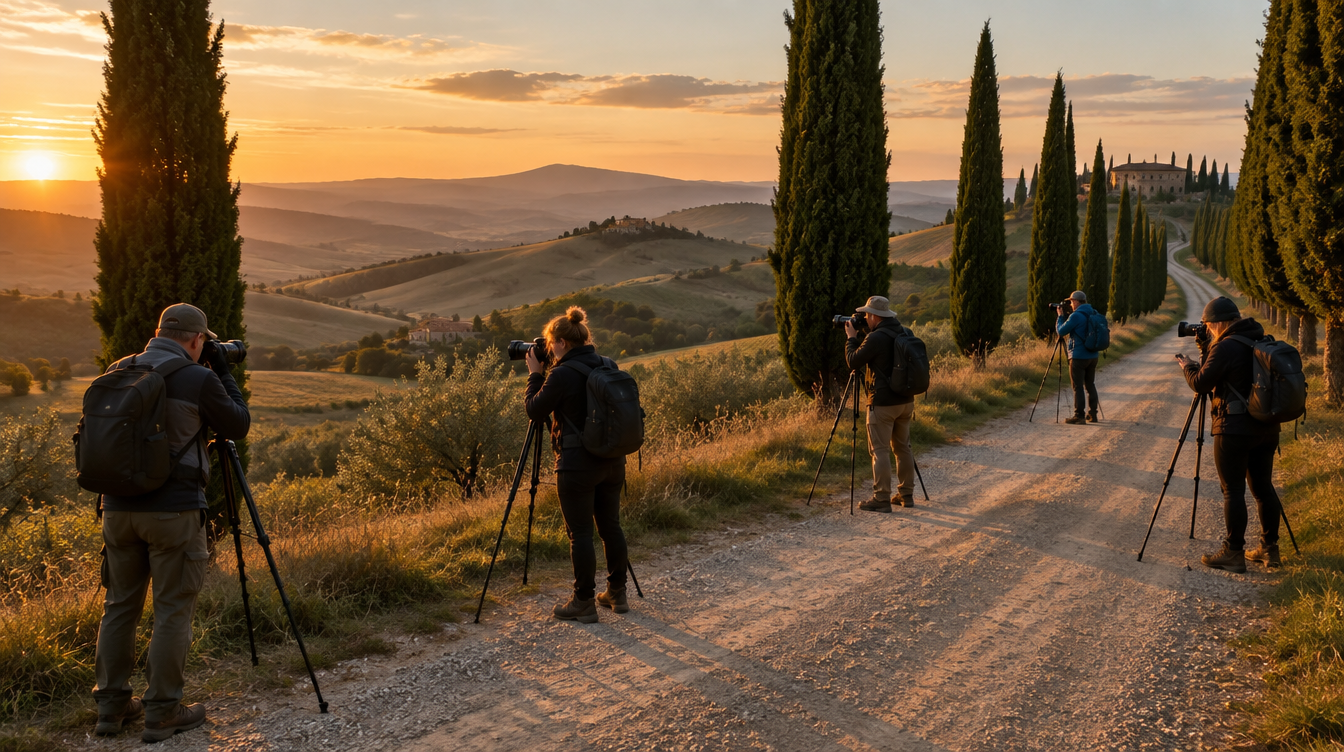 A small group of photographers with tripods spread along a cypress lined road in Val d'Orcia at golden hour