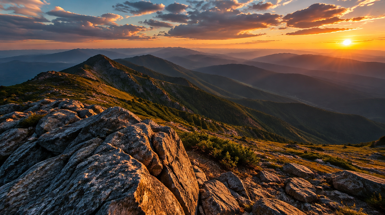 A wide-angle landscape photograph with a close foreground rock leading toward distant layered mountain ridges under a dramatic sky